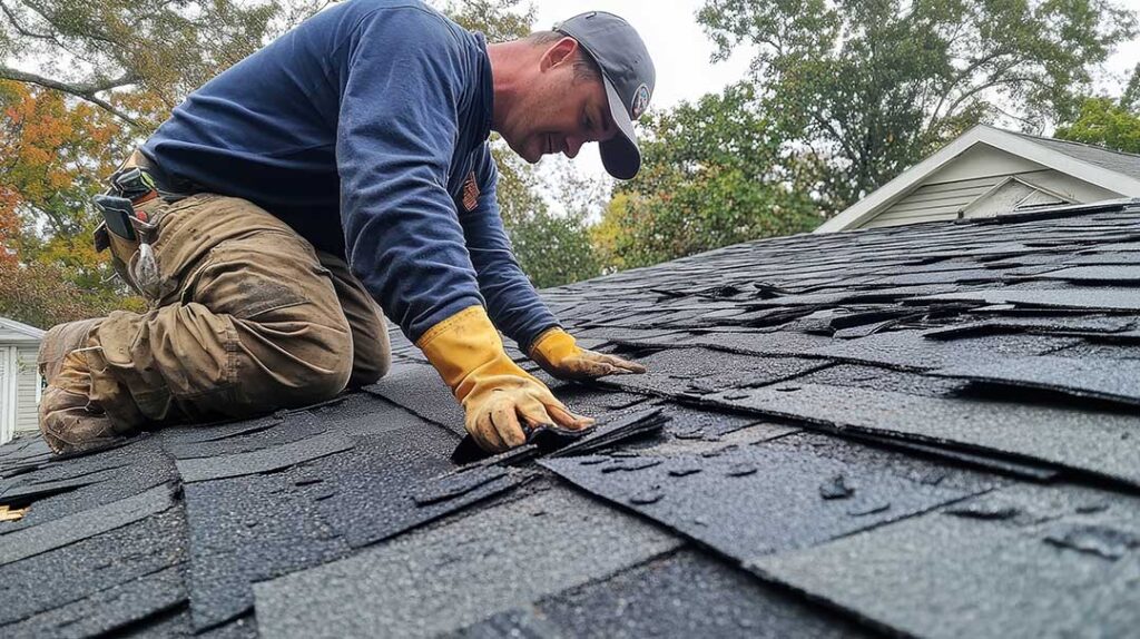 A homeowner and a roofing professional examining shingles and flashing on a residential roof.